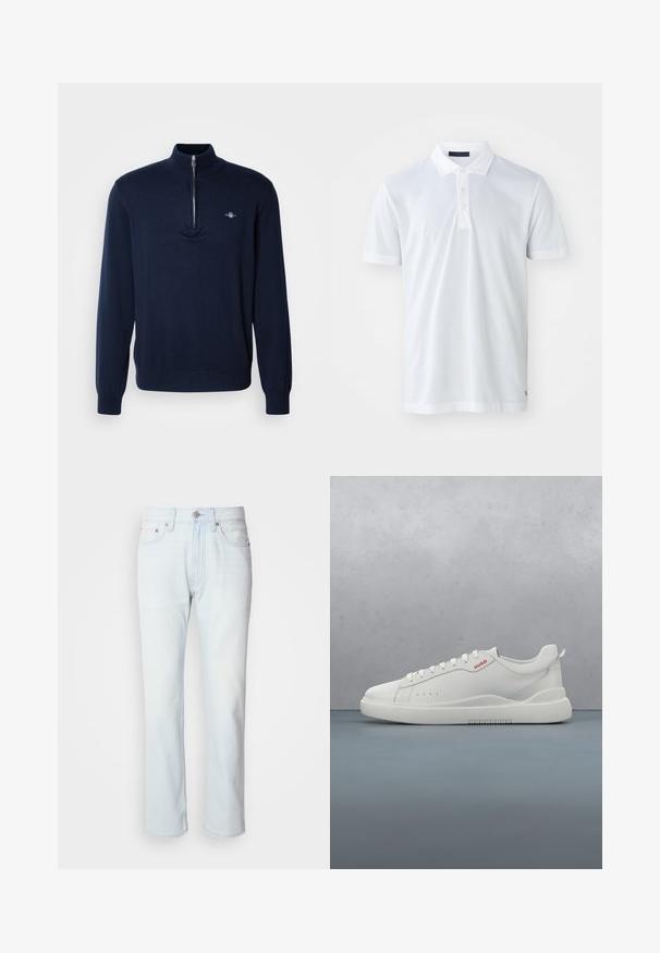 Marineblauwe pullovertrui met een halve ritssluiting, zachte gebreide textuur, lange mouwen en een klein logo op de linkerborst.; Witte polo shirt met een zachte textuur, een drieknoopsluiting, platte kraag en korte mouwen. Heeft subtiele stiksels aan de zoom.; Lichtblauwe denim jeans met een rechte pijp. Voorzien van een knoopsluiting en riemlussen, met een vervaagde textuur en minimale stiksels.; Witte sneaker met een gladde leren afwerking, ronde neus, vier veterogen, subtiele perforaties en een rood logo detail aan de zijkant.