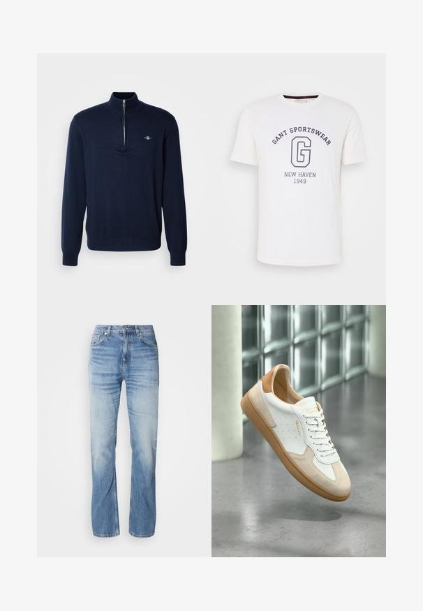 Suéter de terciopelo azul marino con cuello de media cremallera, textura suave de punto, mangas largas y un pequeño logo en el lado izquierdo del pecho.; Camiseta blanca de algodón con cuello redondo, mangas cortas y texto impreso en azul oscuro: "GANT SPORTSWEAR," "NEW HAVEN," y "1949."; Jeans de mezclilla azul claro con corte recto, acabado desgastado, cinco bolsillos y cierre de botón. Diseño clásico y grosor medio.; Zapatilla blanca y beige con suela y talón en tono marrón claro, cordones blancos, marca "GANT" en el lateral y la lengüeta, suspendida sobre un suelo de hormigón pulido.