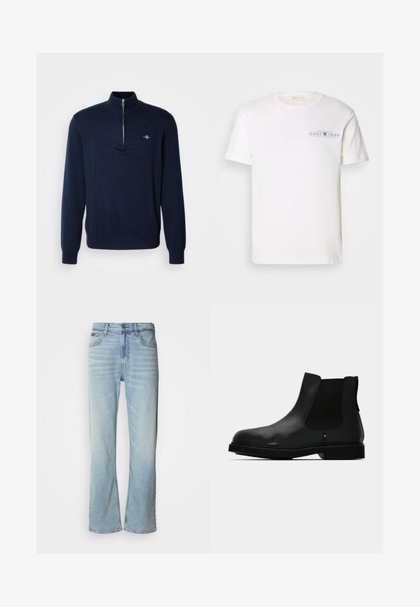 Suéter de terciopelo azul marino con cuello de media cremallera, textura suave de punto, mangas largas y un pequeño logo en el lado izquierdo del pecho.; Camiseta de algodón blanca con cuello redondo, mangas cortas y un logo impreso. Presenta un diseño minimalista y un corte relajado.; Jeans de mezclilla azul claro con corte recto, que cuentan con cinco bolsillos, un cierre de botón y un ligero desvanecimiento en la tela.; Botín Chelsea de cuero negro con paneles laterales elásticos, puntera redonda y parte superior texturizada. Cuenta con una suela de goma plana y un detalle sutil de marca.