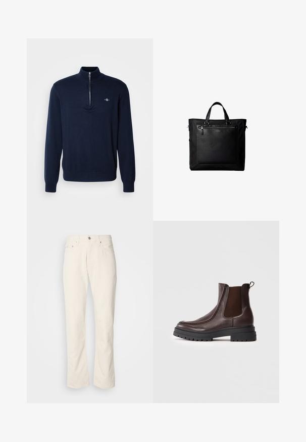 Suéter de terciopelo azul marino con cuello de media cremallera, textura suave de punto, mangas largas y un pequeño logo en el lado izquierdo del pecho.; Jeans de algodón color beige con un diseño clásico de pierna recta, que cuentan con un cierre frontal de botón, cinco bolsillos y detalles de costura sutiles.; Botas Chelsea de cuero marrón con paneles laterales elásticos, suelas de goma negra gruesa y costuras decorativas en la parte superior.; Bolsa tote negra con asas dobles, gran bolsillo delantero de cuero con cremallera y sutil logo de Calvin Klein en el centro del bolsillo.