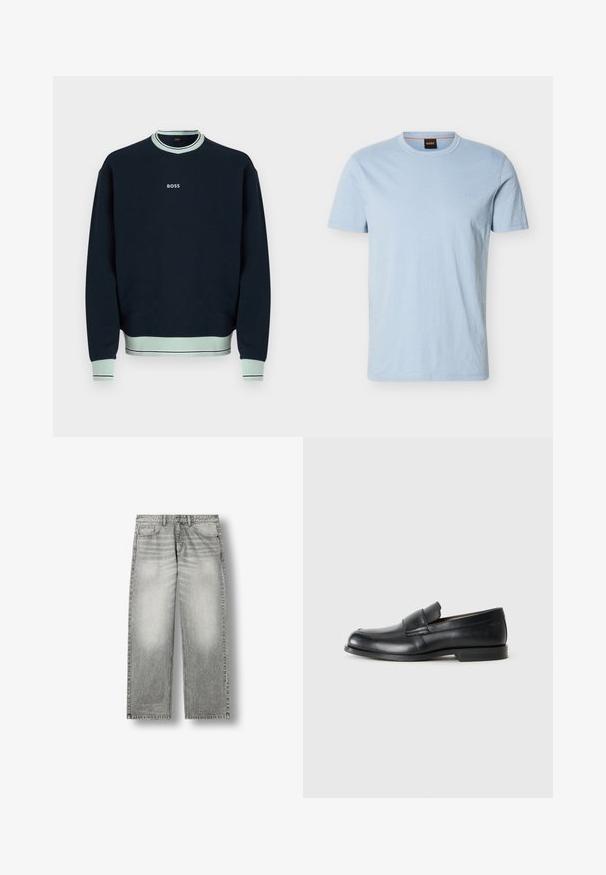 Sweat-shirt bleu marine foncé avec col, poignets et ourlet côtelés bleu clair, présentant un petit logo blanc « BOSS » centré sur la poitrine.; T-shirt bleu clair à manches courtes et col ras du cou, avec un logo "BOSS" discret sur la poitrine et une étiquette noire avec le label orange "BOSS" à l'intérieur du col.; Jean en denim gris délavé droit avec poches avant, passants de ceinture et fermeture par bouton sur fond blanc.; Mocassins en cuir noir avec un bout rond, des détails cousus et une semelle en caoutchouc plate. Présentent une large bande sur le cou-de-pied.