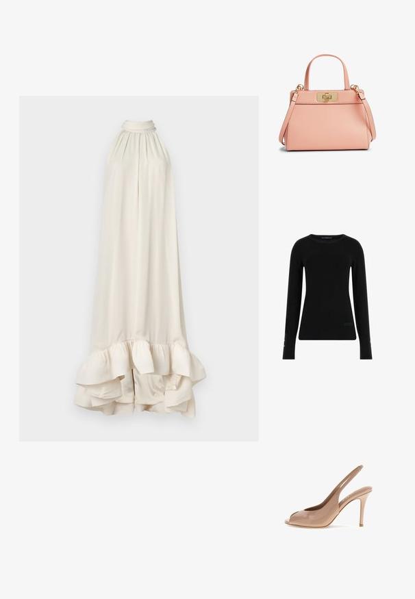 Pull noir à manches longues en tissu lisse, avec un col rond et un logo subtil à l'avant, agrémenté de boutons décoratifs sur les manches.; Malina SABRINA HALTERNECK RUFFLED - Robe de cocktail - white; Chaussure à talon haut beige en cuir verni avec bride arrière, bout ouvert et talon aigu en slim, vue de côté sur fond blanc.; Petit sac à main en cuir rose poudré avec un fermoir rectangulaire doré à tournant, de petites poignées et une bandoulière amovible.