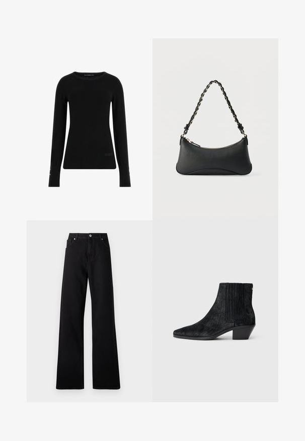 Pull noir à manches longues en tissu lisse, avec un col rond et un logo subtil à l'avant, agrémenté de boutons décoratifs sur les manches.; Jean large noir en denim avec un design à cinq poches, fermeture à bouton à l'avant et détails de couture subtils.; Bottine noire à bout pointu, en matériau texturé imitant les cheveux, avec un panneau latéral à nervures et un petit talon carré. Un design simple et moderne.; Sac à bandoulière en cuir noir de forme rectangulaire incurvée, avec une chaîne dorée tissée dans la bandoulière noire tressée et une fermeture éclair sur le dessus.