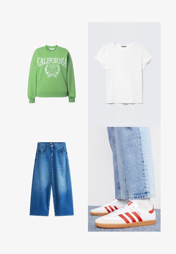 Sweatshirt vert à col rond, coupe oversize et manches longues. Présente le texte blanc "CALIFORNIA" et un graphique de volleyball avec des accents de laurier.; T-shirt blanc uni à manches courtes avec col en V et une petite étiquette "WEEKDAY" à l'intérieur du col, présenté sur un fond gris clair.; Jeans en denim bleu à jambe large avec une taille mi-haute, design à cinq poches et décoloration subtile. Comprend une fermeture à bouton et des détails de couture sur l'ourlet.; Baskets en cuir blanc avec des rayures et des accents rouges. Dotées d'une semelle extérieure en gomme texturée et d'un col rembourré. Portées avec un jean en denim bleu clair.