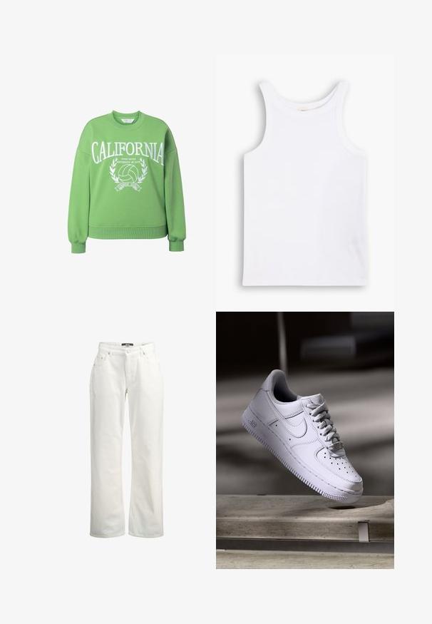 Sweatshirt vert à col rond, coupe oversize et manches longues. Présente le texte blanc "CALIFORNIA" et un graphique de volleyball avec des accents de laurier.; Débardeur en coton blanc avec de larges bretelles, un col rond et une texture lisse et côtelée. Aucun motif ni accent présent.; Jeans en denim blanc à coupe droite avec taille haute, cinq poches et fermeture classique à bouton. Texture lisse avec des détails de couture minimum.; Baskets Nike Air Force 1 blanches lévitant au-dessus d'une surface en béton avec des ombres dans un cadre minimaliste.