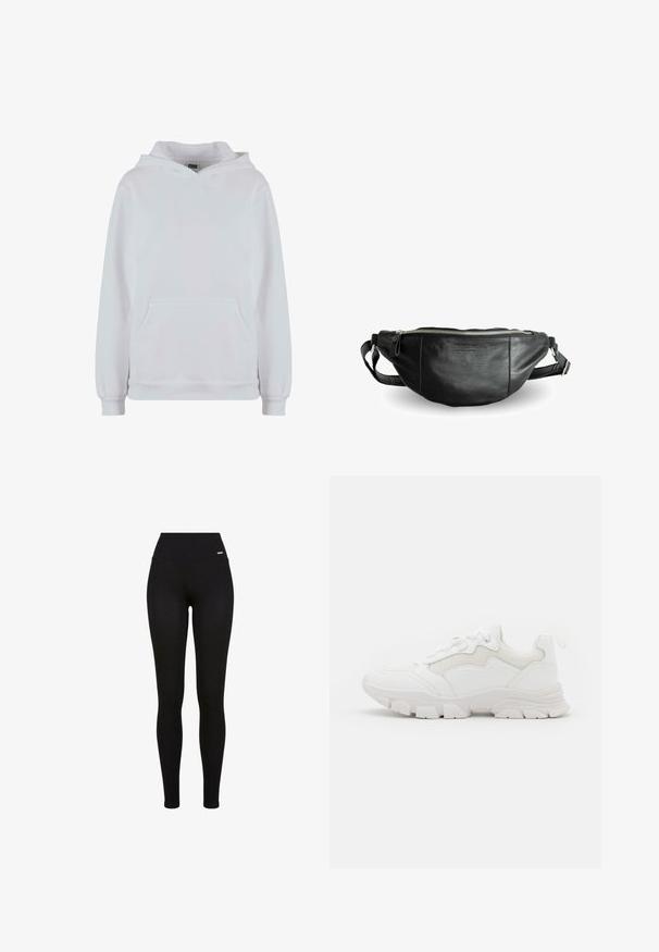 Sweatshirt à capuche blanche en mélange de coton. Présente des manches longues, une poche kangourou sur le devant et des bords côtes aux poignets et à l'ourlet.; Leggings Noirs avec une taille haute, tissu extensible, texture lisse et un design ajusté, adaptées pour un usage décontracté ou sportif.; NA-KD CONTRAST SOLE TREKKING - Baskets basses - white; Still Nordic BASIC - Sac banane - black