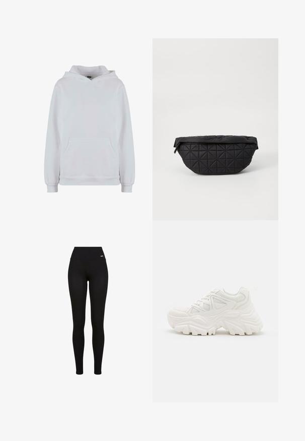 Witte hoodie van een katoenmix. Heeft lange mouwen, een voorzak met kangaroo-pockets en ribgebreide boorden en zoom.; Zwarte leggings met een hoge tailleband, rekbaar materiaal, een soepele textuur en een pasvorm die geschikt is voor casual of sportieve kleding.; Witte chunky sneakers met een textuur bovenwerk, meshpanelen en dikke rubberen zolen met een uitgesproken profiel. Inclusief veters en een aantreklip.; Zwarte, gewatteerde tas met een zachte, gewatteerde textuur en een hoekig ruitpatroon, met een gebogen silhouet en ritssluiting.