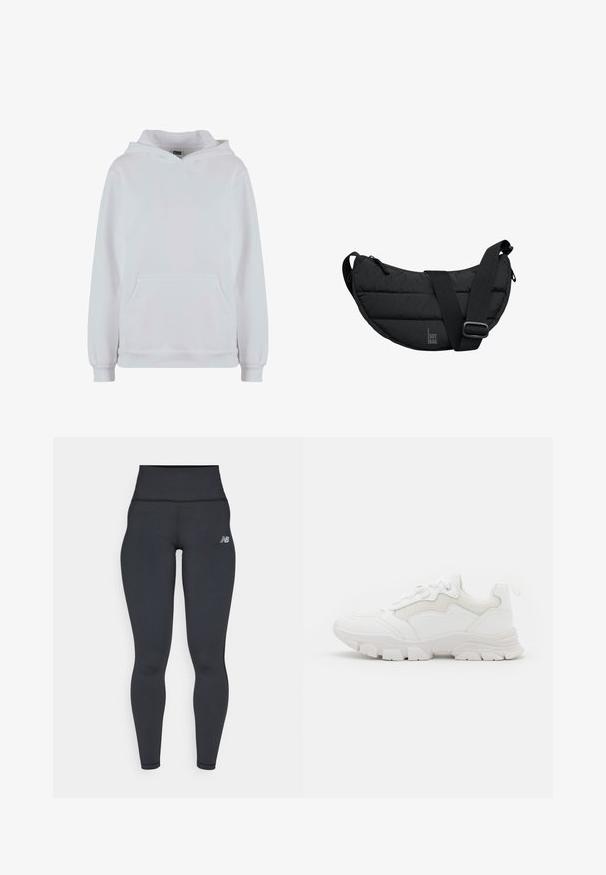 Hvid hætte sweatshirt lavet af bomuldsblanding. Har lange ærmer, en frontkængurulomme og ribbede manchetter og kant.; Sorte højtaljede træningsleggings med en tætsiddende design, glat tekstur og et lille hvidt logo på venstre hofte.; NA-KD CONTRAST SOLE TREKKING - Sneakers - white; Sort polstret halvmåneformet crossbody-taske med justerbar bred rem og lynlås. "GOT BAG" logo trykt på forsiden.