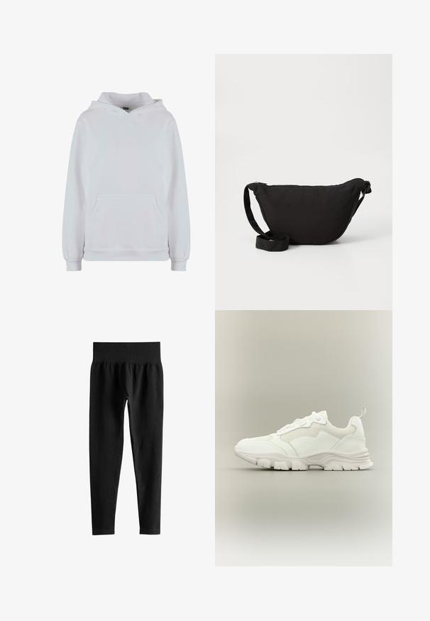 Witte hoodie van een katoenmix. Heeft lange mouwen, een voorzak met kangaroo-pockets en ribgebreide boorden en zoom.; Zwarte geribde leggings met hoge taille, brede elastische tailleband en volledige smalle pijpen op een witte achtergrond.; Witte sportieve sneaker met mesh en leren bovenwerk, dikke zool en trekriem aan de hiel, getoond in zijaanzicht op een neutrale achtergrond.; Zwarte hobo tas gemaakt van zachte stof, met een gebogen vorm, een ritssluiting en een brede verstelbare schouderriem. Glad van structuur zonder patronen.