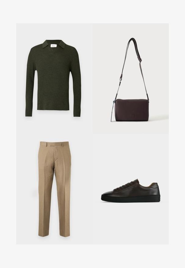 Pull-over côtelé vert foncé avec col en V et col. Caractéristiques manches longues et silhouette ajustée. Confectionné dans un matériau doux et texturé.; Pantalon beige ajusté avec passants de ceinture, plis sur le devant et coupe droite sur fond uni.; Baskets basses en cuir marron foncé avec semelle en caoutchouc noire, lacets à l'avant et design minimaliste épuré sur fond clair.; Sac bandoulière en cuir marron foncé texturé avec une sangle réglable et un petit accent décoratif bleu sur le côté.