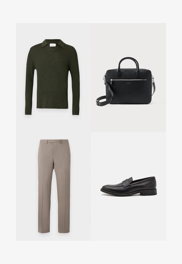 Pull-over côtelé vert foncé avec col en V et col. Caractéristiques manches longues et silhouette ajustée. Confectionné dans un matériau doux et texturé.; Pantalon droit beige sur mesure avec passants pour ceinture, fermeture éclair avant et plis repassés, présenté sur un fond blanc.; Mocassin en cuir noir avec une finition lisse, une sangle décorative sur le dessus, un bout rond et un petit talon empilé.; Serviette rectangulaire en cuir noir texturé avec double poignée, poche avant zippée et bandoulière réglable présentée sur fond blanc.