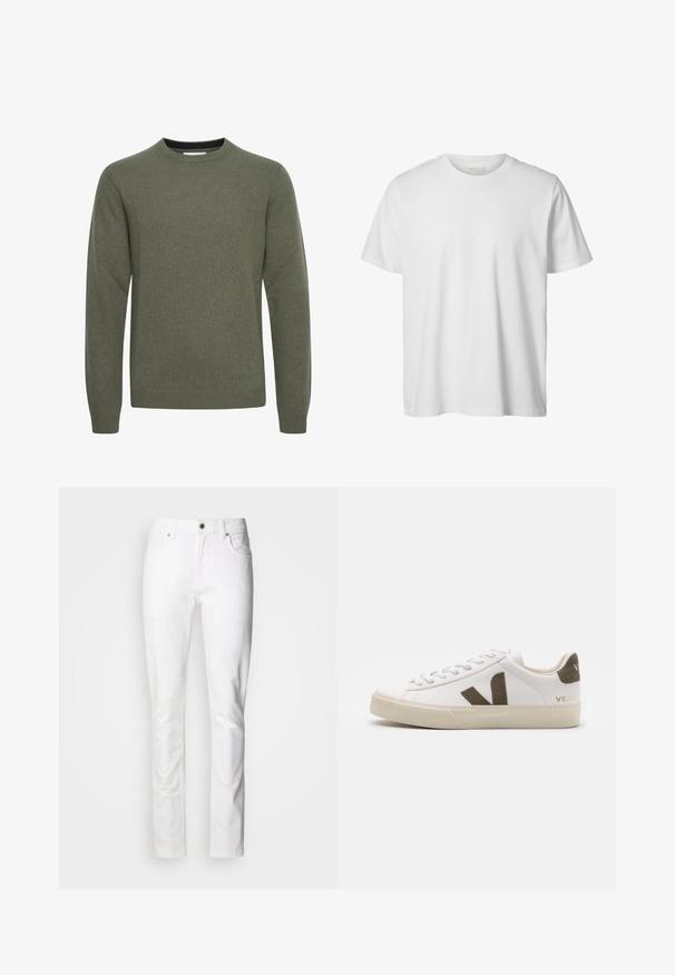 Jersey de punto verde oliva de manga larga con cuello redondo, puños y bajo acanalados, mostrado sobre fondo blanco.; Camiseta blanca lisa de manga corta con cuello redondo, corte holgado y sin logos o diseños visibles en el frente.; Vaqueros de mezclilla blancos con diseño de pierna recta, con cremallera, cinco bolsillos y cierre de un solo botón.; Zapatillas de cuero blanco con una suela de goma beige claro. Presenta un logo en forma de V de gamuza marrón y una pestaña en el talón. Cierre con cordones y superficie texturizada.