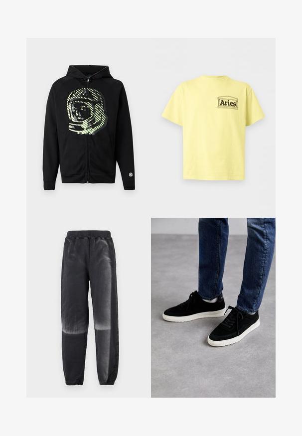 Μαύρο hoodie με φερμουάρ κατασκευασμένο από μαλακό ύφασμα, με μεγάλο γραφικό αστροναύτη σε ανοιχτό πράσινο χρώμα και διαγώνιες ρίγες στο στήθος.; Ανοιχτό κίτρινο κοντομάνικο T-shirt με το κείμενο «Aries» μέσα σε απλό αρχιτεκτονικό πλαίσιο στο αριστερό στήθος.; Μαύρα φλις παντελόνια jogging με ελαστική μέση και μανσέτες, με ξεθωριασμένο εφέ βαθμίδας από το μέσο του μηρού μέχρι τον αστράγαλο και στα δύο πόδια.; Μαύρα σουέτ αθλητικά παπούτσια με λευκή καουτσούκ σόλα, που διαθέτουν κλασική χαμηλή σχεδίαση, στρογγυλή μύτη και επίπεδες μαύρες κορδόνες.