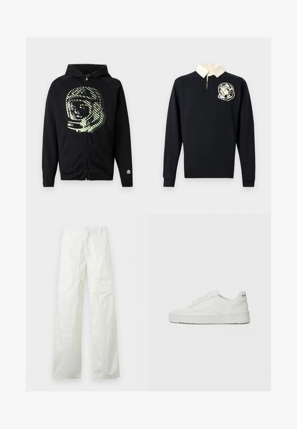 Μαύρο hoodie με φερμουάρ κατασκευασμένο από μαλακό ύφασμα, με μεγάλο γραφικό αστροναύτη σε ανοιχτό πράσινο χρώμα και διαγώνιες ρίγες στο στήθος.; Μαύρο πόλο πουκάμισο με μακριά μανίκια, με γιακά σε κρεμ χρώμα και σχέδιο αστροναύτη στο αριστερό στήθος. Κατασκευασμένο από βαμβακερό ύφασμα.; Άσπρο παντελόνι με φαρδιά μπότα, κουμπωτή μέση και δύο μεγάλες κουμπωτές τσέπες cargo στους μηρούς, παρουσιασμένο επίπεδο σε λευκό φόντο.; Λευκό δερμάτινο sneakers με λείο φινίρισμα, στρογγυλή μύτη, επίπεδα κορδόνια και υφή στην σόλα. Φέρει μια διακριτική λογότυπο στη φτέρνα.