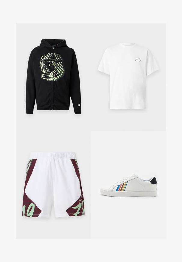 Μαύρο hoodie με φερμουάρ κατασκευασμένο από μαλακό ύφασμα, με μεγάλο γραφικό αστροναύτη σε ανοιχτό πράσινο χρώμα και διαγώνιες ρίγες στο στήθος.; Άσπρη βαμβακερή κοντομάνικη μπλούζα με μικρό μαύρο λογότυπο «A C W» και σχέδιο με αγκύλη στο αριστερό στήθος.; Άσπρο σορτς με μαρουον και μέντα πράσινες λεπτομέρειες. Διαθέτει γεωμετρικό μοτίβο, ελαστική μέση και έντονο αριθμό "79" τυπωμένο στο πλάι.; Λευκά δερμάτινα αθλητικά παπούτσια με πολύχρωμες κατακόρυφες ρίγες σε μπλε, κόκκινο, πορτοκαλί και κίτρινο στο πλάι. Διαθέτει στρογγυλή μύτη και επίπεδη σόλα.
