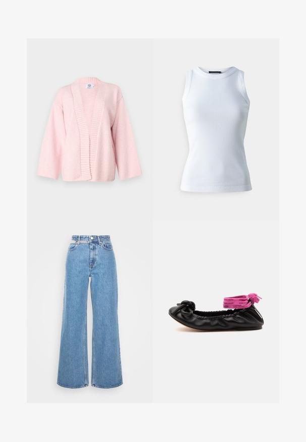 Cardigan rose clair en tissu doux et texturé. Présente une large ouverture à l'avant, des bords côtelés et des manches à longueur de coude. Sans fermetures.; T-shirt sans manches blanc en tissu côtelé, avec un col rond et une silhouette ajustée. Texture lisse, sans motifs ni accents visibles.; Won Hundred Jean boyfriend - cut out blue; Ballerine plate en cuir noir avec des détails froncés, un nœud sur l’orteil et des brides de cheville roses avec du texte attachées autour du talon.