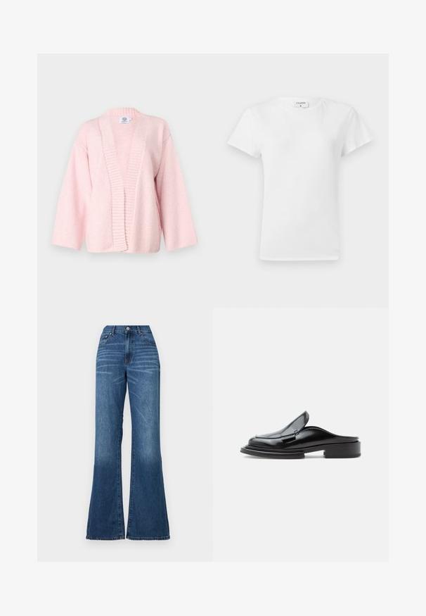Cardigan rose clair en tissu doux et texturé. Présente une large ouverture à l'avant, des bords côtelés et des manches à longueur de coude. Sans fermetures.; T-shirt en coton blanc avec un col rond et des manches courtes, présentant une coupe décontractée et un design minimaliste. Étiquette visible au niveau du cou.; Jean à jambe large en denim délavé moyen. Il présente une taille haute, une fermeture à bouton sur le devant et une décoloration minimale. Coupe droite de la cuisse à l'ourlet.; Mule en cuir noir à enfiler avec un petit talon épais et des détails cousus sur la tige, présenté de profil sur un fond uni.