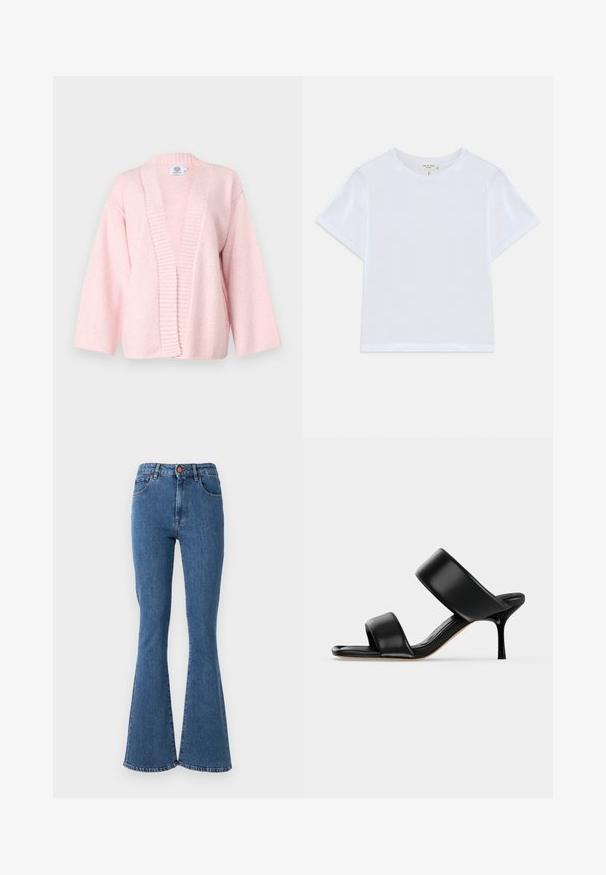 Cardigan rose clair en tissu doux et texturé. Présente une large ouverture à l'avant, des bords côtelés et des manches à longueur de coude. Sans fermetures.; T-shirt blanc court en coton doux, avec un col rond et des manches courtes, d'ajustement légèrement décontracté. Pas de motifs ni d'accents.; Jean en denim bleu taille haute avec une jambe évasée. Comprend cinq poches et une fermeture à bouton à l'avant. Détails de couture le long des coutures.; Sandale mule en cuir noir avec deux larges brides et un talon stiletto fin de hauteur moyenne sur un fond clair uni.