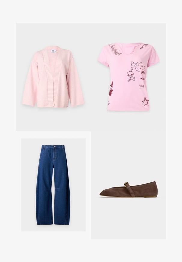 Cardigan rose clair en tissu doux et texturé. Présente une large ouverture à l'avant, des bords côtelés et des manches à longueur de coude. Sans fermetures.; T-shirt rose à manches courtes avec des détails de boutons sur le col et textes et graphismes imprimés en noir incluant "Rock'n'roll is not dead" et un crâne.; Jean en denim bleu foncé taille haute coupe large, avec bouton à l'avant, fermeture éclair, poches latérales et détails cousus aux genoux.; Chaussure plate en daim marron avec bout pointu et bride à boucle dorée sur le côté, vue de profil sur fond blanc.
