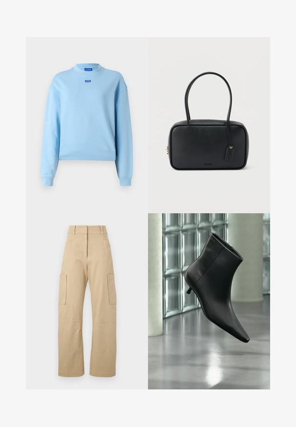 Sweatshirt bleu clair avec un col rond, des manches et un ourlet côtelés, présentant une petite étiquette logo bleue à l'avant. Tissu doux et lisse.; Pantalons cargo beiges en coton, avec une taille haute, des jambes larges, deux poches latérales et deux grandes poches cargo sur les cuisses.; Bottine en cuir noir à bout pointu et petit talon kitten, présentée en angle devant un sol poli et un mur en blocs de verre.; Sac à main rectangulaire noir avec doubles poignées arrondies, fermeture éclair dorée et logo "HUGO" embossé sur le devant avec une étiquette en cuir attachée.