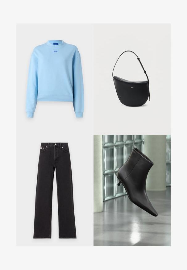Sweatshirt bleu clair avec un col rond, des manches et un ourlet côtelés, présentant une petite étiquette logo bleue à l'avant. Tissu doux et lisse.; Jeans noirs à jambes larges en denim, avec une taille haute, une coupe à cinq poches et une fermeture à bouton en métal avec des coutures contrastantes.; Bottine en cuir noir avec bout pointu et petit talon, présentée devant un mur en blocs de verre et un sol poli.; Sac à bandoulière en cuir noir en forme de demi-lune avec une bandoulière réglable et le logo doré « BOSS » centré sur le devant.