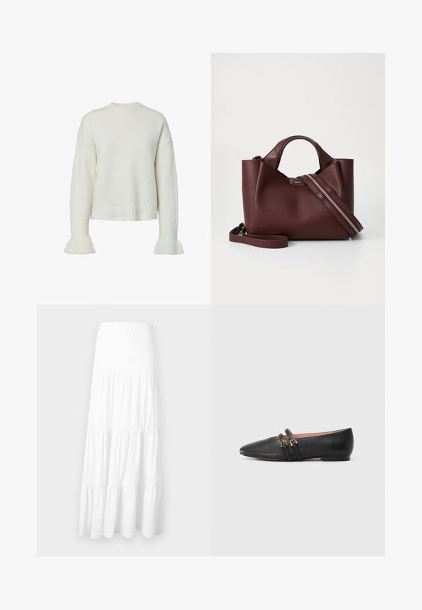 Pull blanc en tricot avec texture côtelée, col rond et manches évasées. Longueur raccourcie avec une coupe décontractée.; Jupe longue à volants blanche avec ceinture élastique, réalisée en tissu léger, adaptée pour un usage décontracté.; Chaussures plates en cuir noir avec un bout pointu, dotées de deux brides noires avec des accents en métal doré. Texture lisse et talon bas.; Sac à main en cuir bordeaux avec une finition texturée, deux poignées courtes et une bandoulière amovible dotée d'un détail de fermeture éclair en argent.