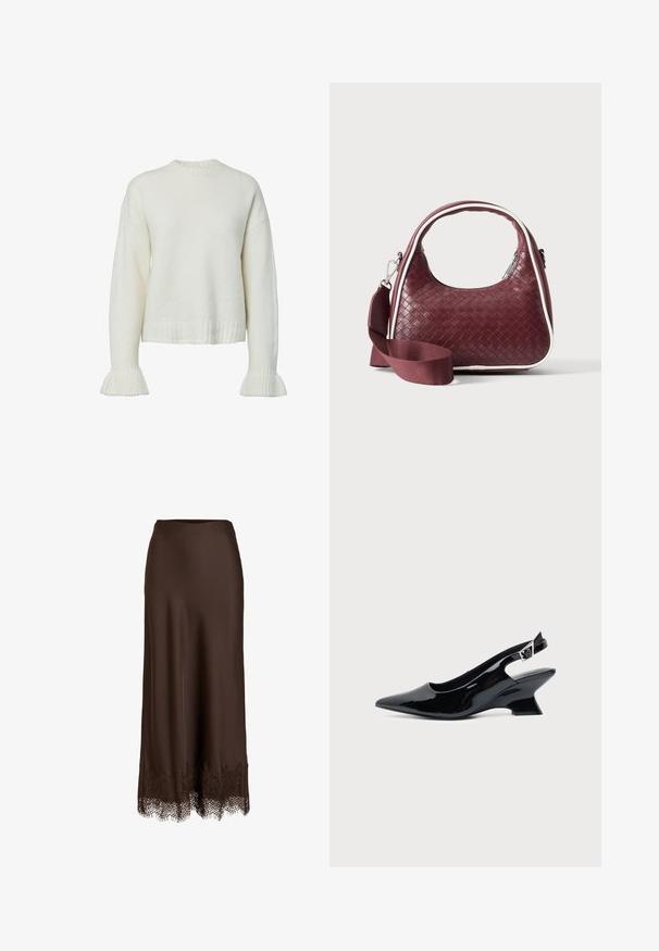 Pull blanc en tricot avec texture côtelée, col rond et manches évasées. Longueur raccourcie avec une coupe décontractée.; Jupe longue marron foncé avec taille ajustée et bordure en dentelle délicate à l'ourlet.; Chaussure slingback en cuir verni noir avec bout pointu et petit talon bloc incliné sur fond clair uni.; Sac à main en cuir tressé marron foncé avec poignée courbée, garniture blanche, fermeture éclair argentée et bandoulière large en tissu amovible sur fond uni.