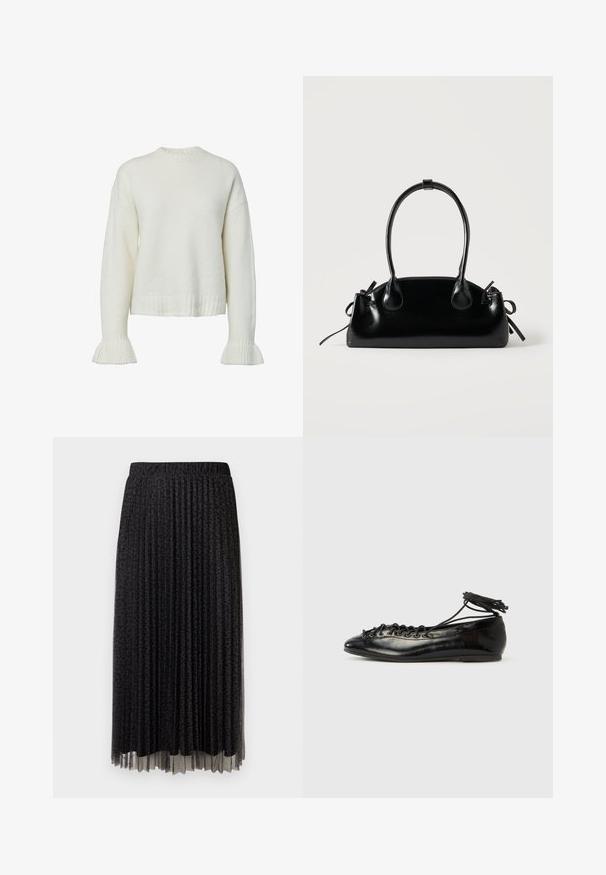 Pull blanc en tricot avec texture côtelée, col rond et manches évasées. Longueur raccourcie avec une coupe décontractée.; Jupe midi plissée noire avec un léger motif léopard, taille élastique et texture transparente à l'ourlet.; Ballerines en cuir verni noir avec un bout rond, un design à lacets et une semelle plate. Texture lisse avec peu de détails.; Petit sac à main noir brillant avec deux longues anses et des détails à cordon sur les côtés sur un fond clair uni.