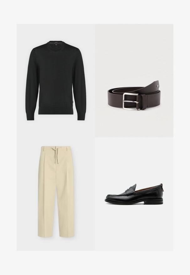 Pull noir à manches longues avec col rond, poignets et ourlet côtelés, en tissu tricot léger.; Pantalon beige droit avec passants pour ceinture et nouage à l'avant, présentant un design épuré et ajusté ainsi qu'un tissu texturé.; Mocassin homme en cuir noir avec couture moc toe, bride penny, col texturé et petit talon empilé sur fond blanc.; Ceinture en cuir marron avec une finition lisse, équipée d'une boucle rectangulaire en métal argenté et d'un détail de couture contrastante.
