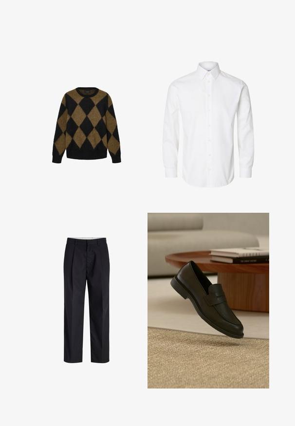 Sort og brun argyle-mønster cardigan lavet af fluffy strikmateriale. Rund halsudskæring og lange ærmer; blød tekstur med en afslappet pasform.; Hvid skjorte med lange ærmer, knapper foran, spids krave og knappede manchetter.; Sorte bukser med lige ben med taljebånd, bæltestropper, frontlynlås og sidelommer vist på en hvid baggrund.; Sort læderloafer vist i luften over en beige vævet tæppe, med et træbord og stablede bøger i et blødt oplyst stue.
