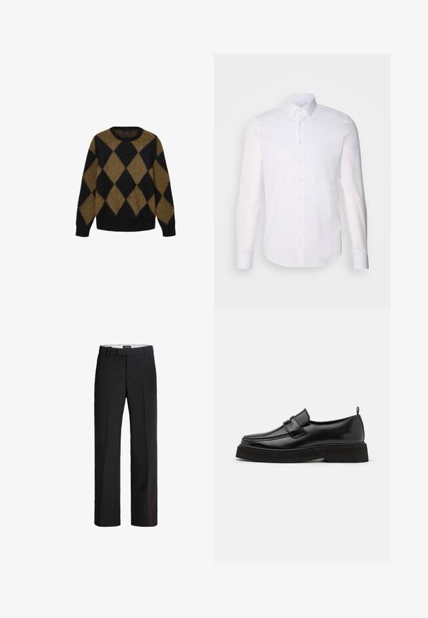 Sort og brun argyle-mønster cardigan lavet af fluffy strikmateriale. Rund halsudskæring og lange ærmer; blød tekstur med en afslappet pasform.; Hvid langærmet button-up skjorte lavet af bomuld, med en klassisk krave, frontknapper og minimal syning detalje.; Sorte bukser med skræddersyet pasform; har en glat front, to sidelommer og en glat tekstur; lavet af et let, åndbart materiale.; Sorte læder loafersko i stil med flad, tekstureret sål, med en syet tå og en rem over vristen.