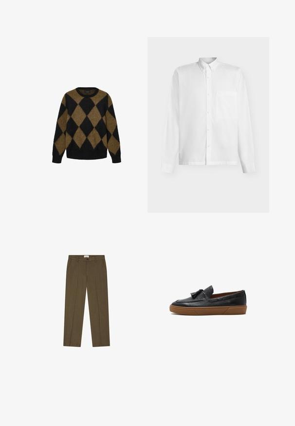 Sort og brun argyle-mønster cardigan lavet af fluffy strikmateriale. Rund halsudskæring og lange ærmer; blød tekstur med en afslappet pasform.; Hvid langærmet skjorte med knapper, brystlomme og knaplukket krave på en ensfarvet baggrund.; Olivengrønne skræddersyede bukser med bæltestropper, frontknap og lynlåslukning, sidelommer og straight-leg pasform.; Sort loafer i tekstureret læder med kvaster og en tyk brun gummisål, set fra siden på hvid baggrund.