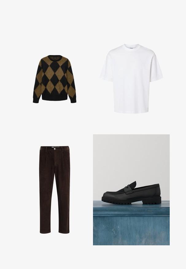 Sort og brun argyle-mønster cardigan lavet af fluffy strikmateriale. Rund halsudskæring og lange ærmer; blød tekstur med en afslappet pasform.; Enkelt hvid t-shirt med korte ærmer og rund hals med afslappet pasform, vist på en ensfarvet baggrund.; Redefined Rebel JOHN COMFORT FIT - Bukser - demitasse; Sort lædersko uden snørebånd med en tekstureret stofdetalje, en robust gummisål og en glat finish. Har diskrete syningsdetaljer.