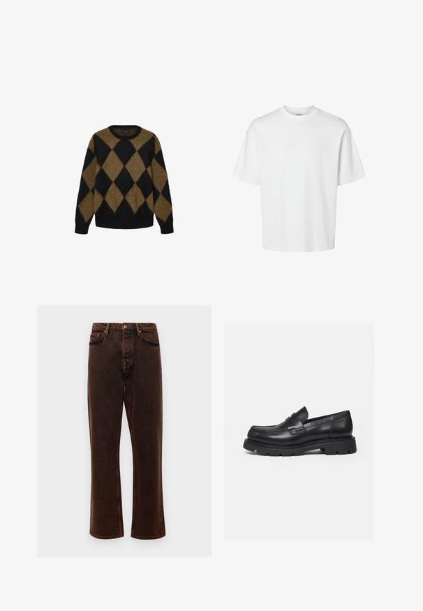 Pull en argyle noir et marron en maille pelucheuse. Encolure ronde et manches longues ; texture douce avec une coupe décontractée.; T-shirt blanc uni à manches courtes, col rond et coupe décontractée, présenté sur un fond blanc.; Jean en denim brun avec une coupe droite, un design à cinq poches et une fermeture à bouton classique. Le tissu a une finition lisse et texturée.; Mocassin en cuir noir avec semelle épaisse crantée et détail de bride penny, présenté en profil droit sur fond blanc.