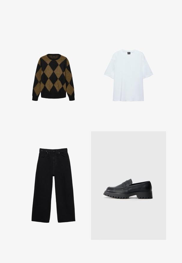 Sort og brun argyle-mønster cardigan lavet af fluffy strikmateriale. Rund halsudskæring og lange ærmer; blød tekstur med en afslappet pasform.; Hvid, oversized T-shirt med korte ærmer og rund halsudskæring, med en sort etiket inde i kraven på en hvid baggrund.; Sorte vidde-ben denimjeans med knaplukning foran, lynlås, bæltestropper og klassisk styling med fem lommer.; Sorte læder loafers med en rund tå, prydet med en dekorativ rem og en kraftig gummisål med dybe riller for grip.