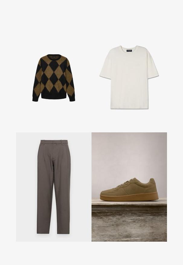 Sort og brun argyle-mønster cardigan lavet af fluffy strikmateriale. Rund halsudskæring og lange ærmer; blød tekstur med en afslappet pasform.; Hvid kortærmet t-shirt lavet af blødt stof. Har en rund halsudskæring og diskret logo detalje på fronten. Glat tekstur og afslappet pasform.; Jack & Jones Classic Wide Leg Fit - Bukser - pavement; Olivengrøn sneaker med snørebånd, der svæver over en træbænk, med sløret grønt løv i baggrunden.