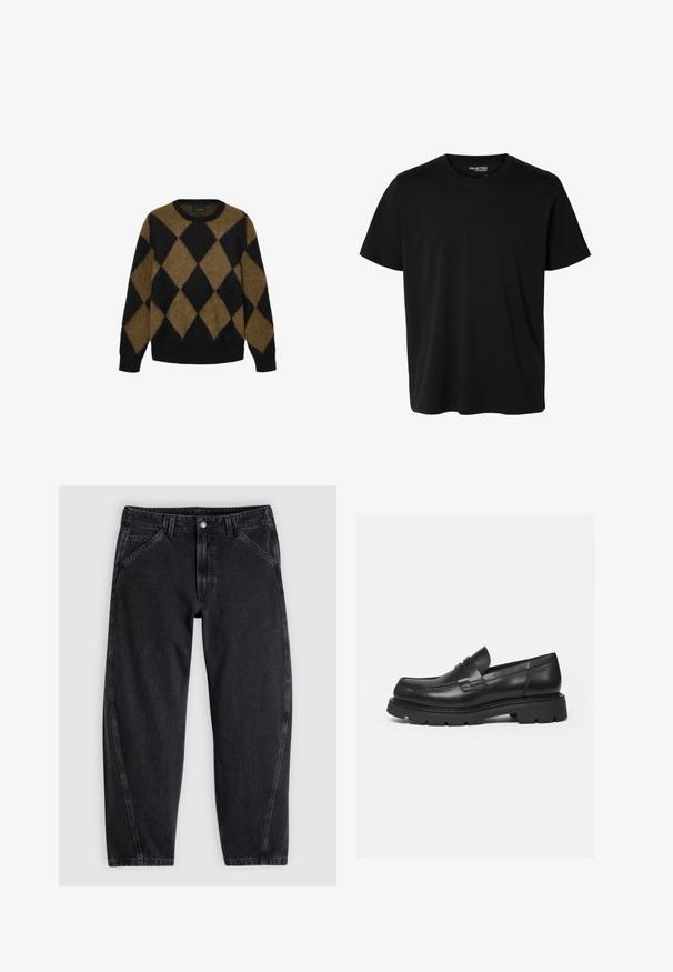 Sort og brun argyle-mønster cardigan lavet af fluffy strikmateriale. Rund halsudskæring og lange ærmer; blød tekstur med en afslappet pasform.; Ensfarvet sort t-shirt med korte ærmer og rund hals, herrepasform, uden synlige mønstre eller logoer foran.; Sorte denimjeans med løs pasform, der har en standard-taljebånd, femlomme-design og kontrastsyning langs sømmene.; Sort læderloafer med tyk rillede sål og penny-remdetalje, vist i højre sideprofil på hvid baggrund.