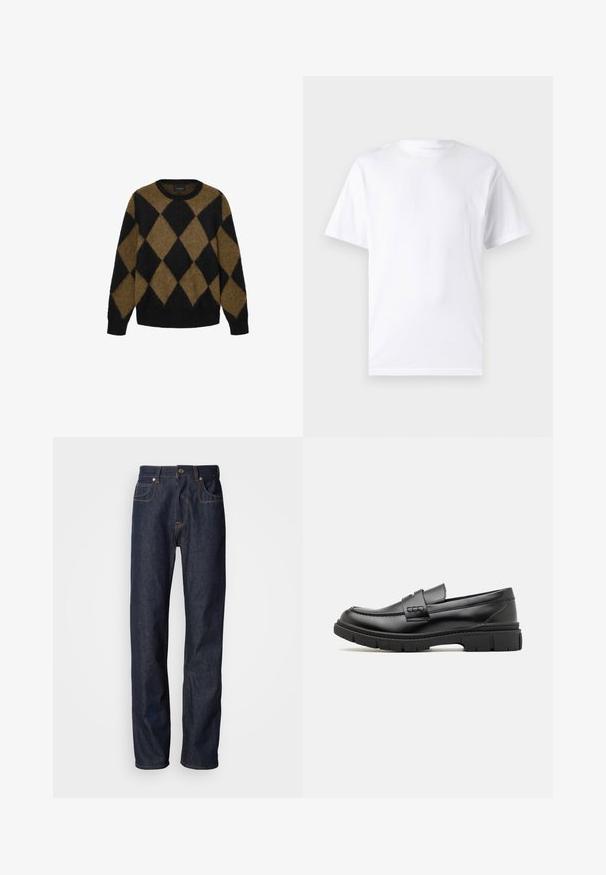 Sort og brun argyle-mønster cardigan lavet af fluffy strikmateriale. Rund halsudskæring og lange ærmer; blød tekstur med en afslappet pasform.; Hvid kortærmet t-shirt lavet af bomuld med rund hals, der har en glat tekstur og et simpelt design uden mønstre eller accenter.; Mørkeblå denimjeans med lige pasform, udstyret med kobberbroderi, femlommesdesign og klassisk lynlås og knaplukning.; Sort læder loafersko med en bred rem over forfoden, gummisål med tykke mønstre og glat overflade. Klassisk, slankt design.