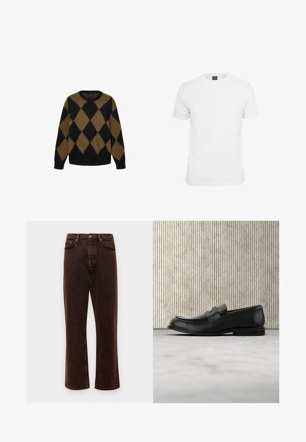 Sort og brun argyle-mønster cardigan lavet af fluffy strikmateriale. Rund halsudskæring og lange ærmer; blød tekstur med en afslappet pasform.; Hvid kortærmet t-shirt, lavet af bomuld, med en klassisk rund hals og en glat tekstur, designet til afslappet brug.; Brune denim jeans med lige pasform, fem lommer og klassisk knaplukning. Stoffet har en glat, tekstureret overflade.; Sort læderloafer med metalbrandskilt hvilende nær et brunt rundt bord på beige tæppe.