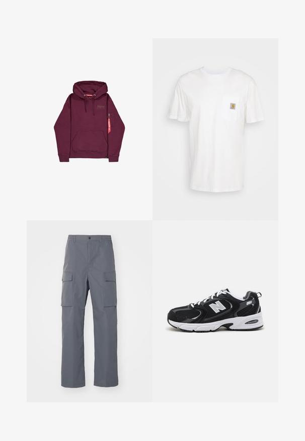 Dunkelrotes Kapuzensweatshirt mit Fronttasche, Kordelzug in der Kapuze und kleinem Reißverschlussfach am linken Ärmel mit rotem Etikett.; Weißes Baumwoll-T-Shirt mit kurzen Ärmeln, einer Brusttasche und einem kleinen quadratischen Logopatch in Orange und Weiß auf der Tasche.; Grau Cargo-Hosen aus strapazierfähigem Stoff. Zu den Merkmalen gehören ein elastischer Bund, zwei große Seitentaschen und ein gerader Schnitt.; Schwarze und graue Sportschuhe mit Obermaterial aus Mesh und Wildleder, ausgestattet mit einer weißen Zwischensohle, Schnürsenkeln und einem markanten "N"-Logo an der Seite.