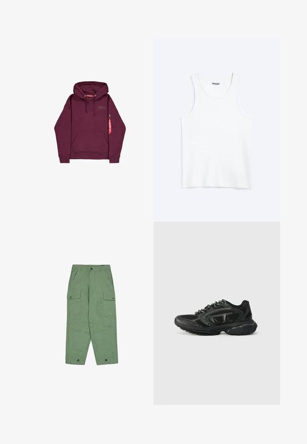 Alpha Industries Kapuzenpullover - dark cherry; Weißes ärmelloses Tanktop mit rundem Ausschnitt und Weekday-Markenetikett auf der Innenseite des hinteren Kragens, flach auf hellem Hintergrund dargestellt.; Grüne Cargo-Hosen mit lockerer Passform, zwei großen Seitentaschen und verstellbaren Knöchellängen. Hergestellt aus strukturiertem Baumwollstoff.; Schwarze Sport Sneaker mit einem Obermaterial aus Mesh, strukturierten Akzenten und gepolstertem Kragen. Schnürdesign mit einer dicken Gummisohle für Unterstützung.