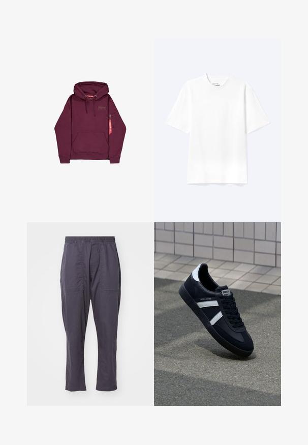 Donkerrode hoodie met voorzak, trekkoord in de capuchon en een klein ritsvak op de linkermouw met een rood label eraan bevestigd.; Effen witte T-shirt met korte mouwen en ronde hals, met een losse pasvorm, weergegeven op een lichte achtergrond.; Donkergrijze, lichtgewicht broek met een elastische tailleband, twee voorzakken, een rechte pijpdesign en een gladde textuur.; Zwarte leren sneaker met witte strepen, een gestructureerde rubberen zool en vetersluiting aan de voorkant. Voorzien van een merklabel op de tong.