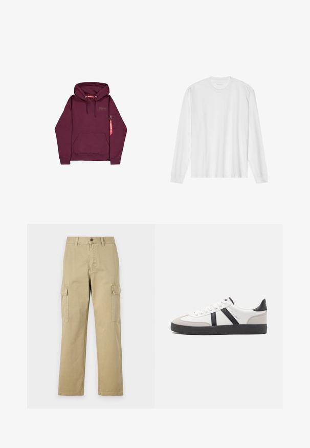 Dunkelrotes Kapuzensweatshirt mit Fronttasche, Kordelzug in der Kapuze und kleinem Reißverschlussfach am linken Ärmel mit rotem Etikett.; Weißes langärmeliges Baumwoll-T-Shirt mit Rundhalsausschnitt, mit gerippten Bündchen und geradem Saum, glatter Textur und minimalistischem Design.; Beige Cargo-Hosen aus Baumwolle, mit zwei Seitentaschen, einem Knopfverschluss und geraden Beinen aus einem leicht strukturierten Stoff.; Weiße Sneaker mit schwarz- und grau-aczenten, ausgestattet mit einer strukturierten grauen Zehenkappe, schwarzer Gummi-Sohle und flachen weißen Schnürsenkeln. Sauberes Design, minimalistische Stil.