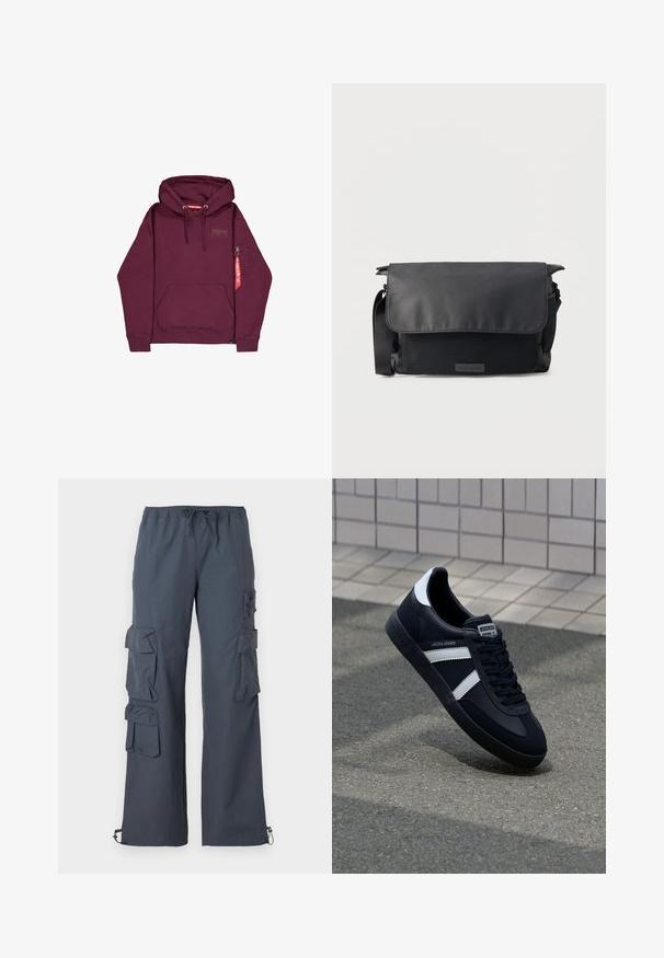 Dunkelrotes Kapuzensweatshirt mit Fronttasche, Kordelzug in der Kapuze und kleinem Reißverschlussfach am linken Ärmel mit rotem Etikett.; Dunkelgraue Cargo-Hosen mit einem elastischen Bund, mehreren großen Taschen an den Seiten und verstellbaren Bündchen an den Knöcheln.; Schwarze Leder-Sneaker mit weißen Streifen, strukturiertem Gummisohle und Schnürung. Verfügt über ein Markenetikett auf der Zunge.; Schwarze Messenger-Tasche mit Klappenverschluss und strukturiertem Vordertasche, verstellbarem Schultergurt und minimalistischem Design auf einfarbigem Hintergrund.