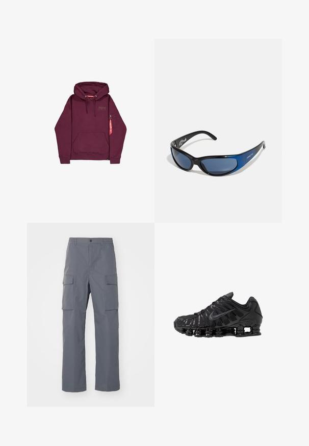 Alpha Industries Kapuzenpullover - dark cherry; Grau Cargo-Hosen aus strapazierfähigem Stoff. Zu den Merkmalen gehören ein elastischer Bund, zwei große Seitentaschen und ein gerader Schnitt.; Schwarze Sportschuhe aus Mesh- und synthetischen Materialien mit einem markanten wellenförmigen Design, schwarzer Gummisohle und reflektierenden Akzenten.; Sonnenbrille mit schwarzem Kunststoffrahmen und blauen Akzenten, umschließendem Design, dunkel getönten Gläsern, mit strukturierten Bügeln und Logodetails.