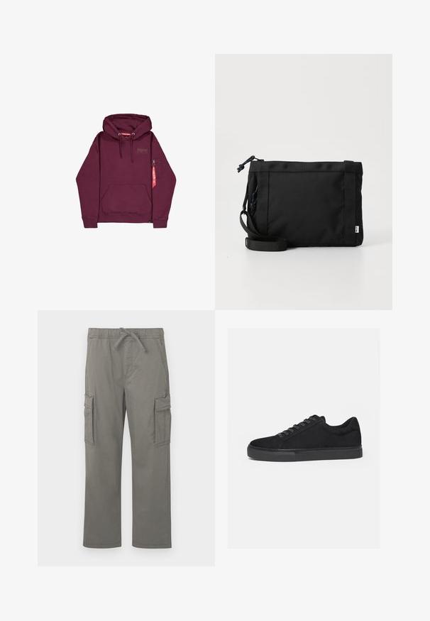 Donkerrode hoodie met voorzak, trekkoord in de capuchon en een klein ritsvak op de linkermouw met een rood label eraan bevestigd.; Grijze rechte cargobroek met elastische tailleband, trekkoord, zijflapzakken en voorste schuine zakken op een witte achtergrond.; Zwarte lage sneaker met veterluiting aan de voorkant en platte rubberen zool, zijaanzicht op een witte achtergrond.; Zwarte stoffen schoudertas met een gestructureerde buitenkant, verstelbare schouderband en trekkoordsluiting. Voorzien van gedurfde stiksels en een zijlabel.