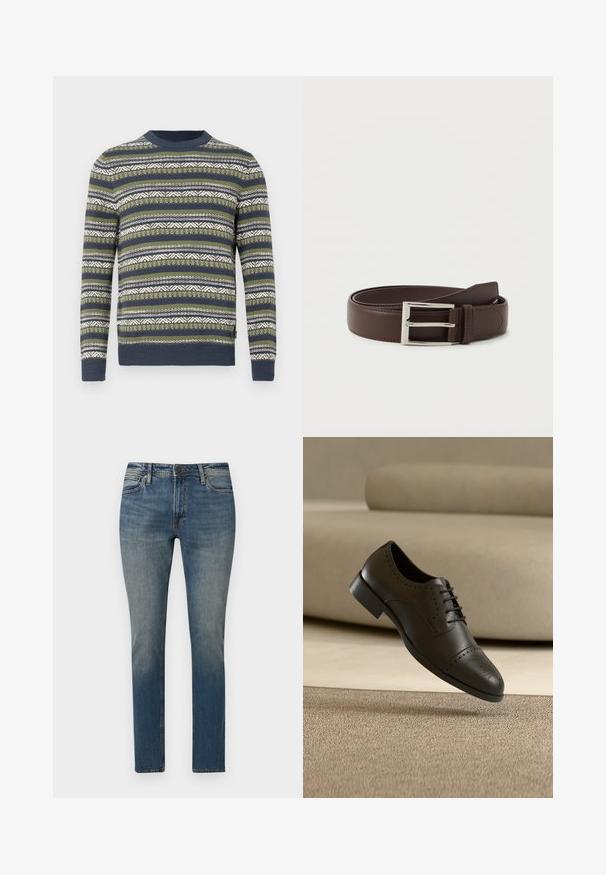 Pull en tricot vert, bleu marine et blanc avec des motifs à rayures horizontales et des designs géométriques. Col rond et poignets côtelés.; Jean bleu droit avec taille mi-haute, fermeture éclair et bouton à l'avant, et effet délavé.; Chaussure habillée pour homme en cuir noir avec des détails brogues flottant au-dessus d'un sol en moquette beige et d'un canapé beige en arrière-plan.; Ceinture en cuir marron foncé avec une boucle rectangulaire en argent, soigneusement enroulée sur un fond blanc uni.
