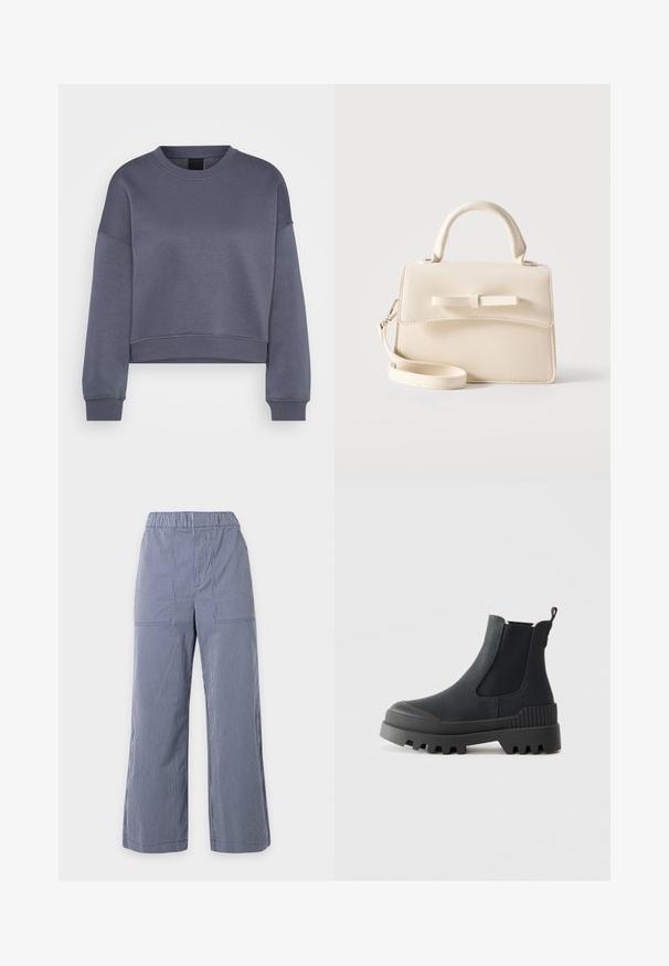 Sweat-shirt court à manches longues gris foncé avec col rond, présentant des poignets et un ourlet côtelés, affiché sur un fond blanc.; Pantalon large à rayures verticales bleu et blanc avec taille élastique et poches plaquées à l'avant, présenté sur un fond uni.; Bottine noire en cuir et élastique, dotée d'une semelle en caoutchouc épaisse avec un bord texturé et d'une languette à l'arrière pour un enfilage facile.; Petit sac à main beige avec poignée supérieure, bandoulière amovible, rabat avant et nœud horizontal décoratif sur un fond uni.