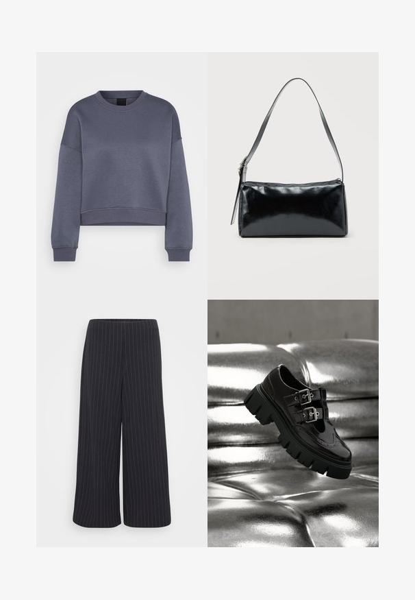 Donkergrijze langmouw cropped sweatshirt met ronde hals, voorzien van ribboord aan de mouwen en onderkant, weergegeven op een witte achtergrond.; Zwarte wijde broek met witte streepjespatroon. Gemaakt van soepele stof, met een hoge taille en zonder zichtbare sluitingen.; Zwarte schoen met dikke zool en dubbele zilveren gespen die boven een glanzend metallic zilveren getufte oppervlak zweeft.; Zwarte rechthoekige schoudertas met een enkele verstelbare band en een bovenste ritssluiting op een effen achtergrond.