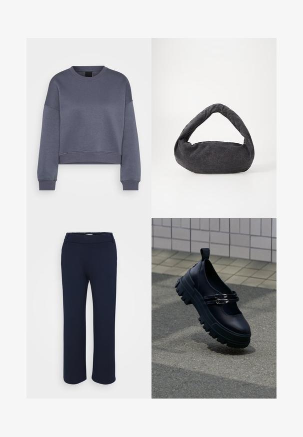 Sudadera corta de cuello redondo de manga larga en gris oscuro, con puños y dobladillo acanalados, exhibida sobre un fondo blanco.; Pantalones rectos de color azul marino, confeccionados en una tela elástica, que cuentan con una cinturilla plana y dos bolsillos laterales para mayor funcionalidad.; Zapato Mary Jane negro y robusto con doble hebilla plateada sobre pavimento texturizado cerca de una pared con azulejos.; Bolsa de tela gris oscuro con un asa curva, textura suave y forma redondeada. Sin hardware ni adornos visibles.